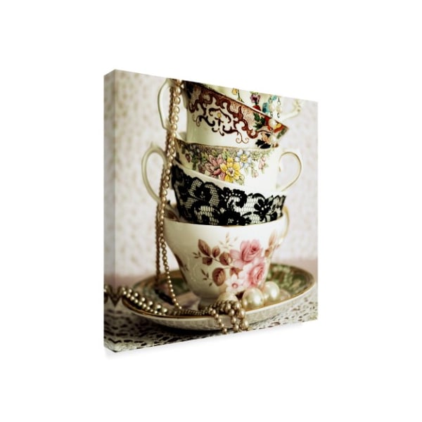 Tom Quartermaine 'Antique Cups And Saucers With Pearls' Canvas Art,14x14